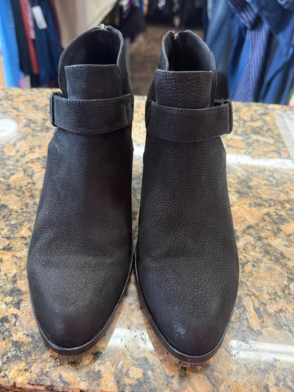Eileen Fisher Black Leather Wedge Ankle Booties Size 9 Back Zip Comfort